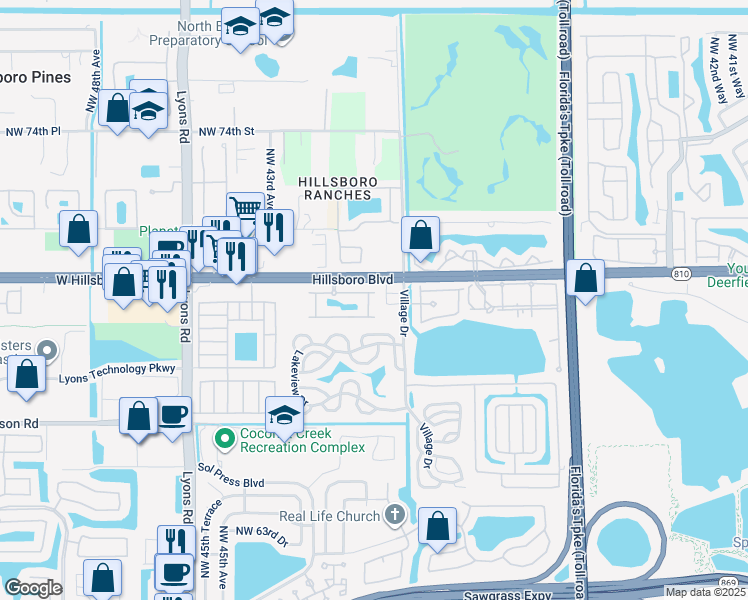 map of restaurants, bars, coffee shops, grocery stores, and more near 3950 Devenshire Court in Coconut Creek