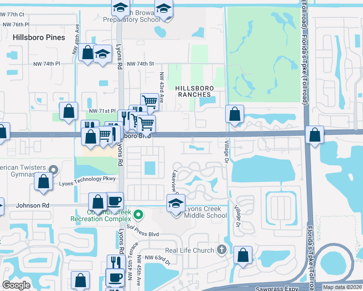 map of restaurants, bars, coffee shops, grocery stores, and more near 4076 Devenshire Court in Coconut Creek