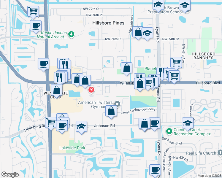 map of restaurants, bars, coffee shops, grocery stores, and more near 5100 West Hillsboro Boulevard in Coconut Creek