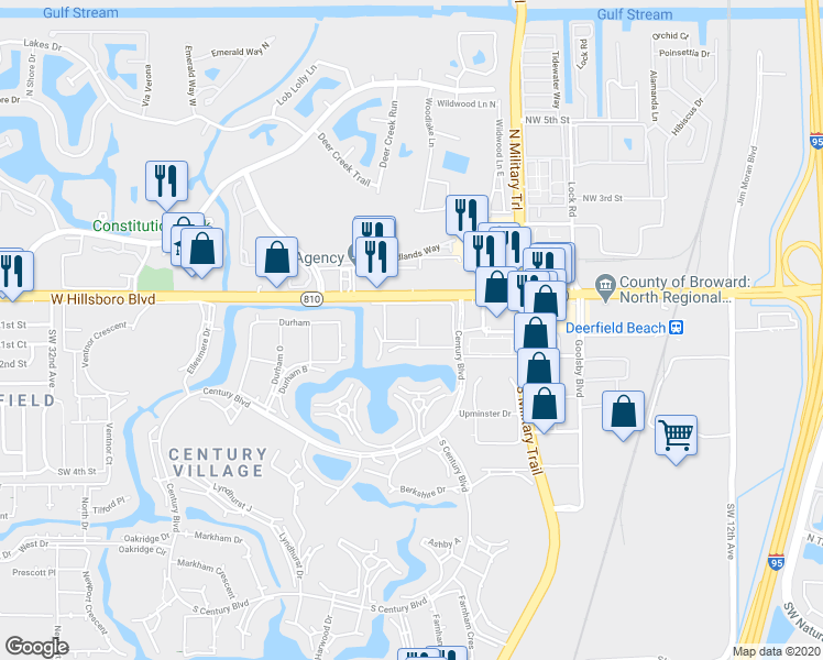 map of restaurants, bars, coffee shops, grocery stores, and more near 3087 Westbury H in Deerfield Beach