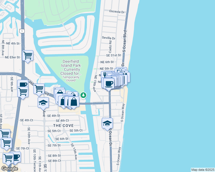 map of restaurants, bars, coffee shops, grocery stores, and more near 1985 Northeast 3rd Street in Deerfield Beach