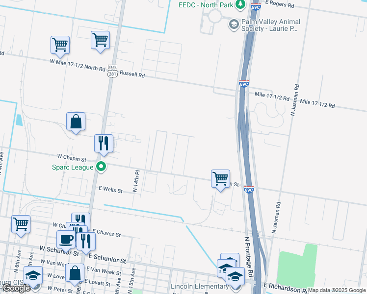 map of restaurants, bars, coffee shops, grocery stores, and more near 1603 Deer Hills in Edinburg