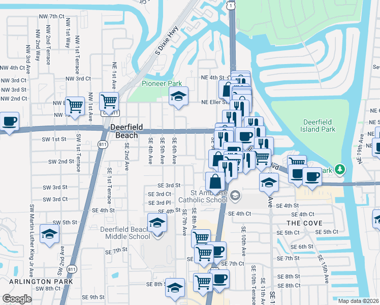 map of restaurants, bars, coffee shops, grocery stores, and more near 17 Southeast 8th Avenue in Deerfield Beach
