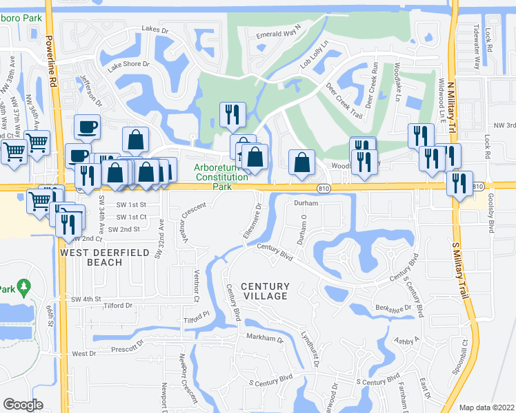 map of restaurants, bars, coffee shops, grocery stores, and more near 1024 Ellesmere B in Deerfield Beach