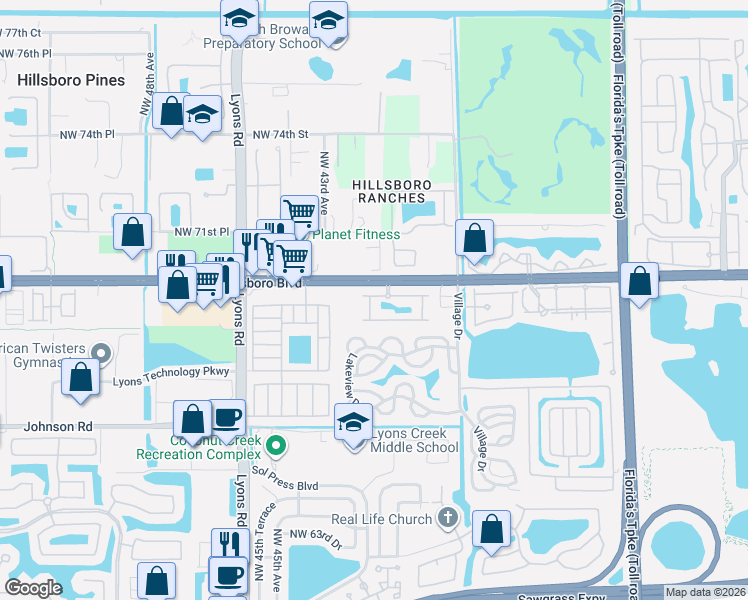 map of restaurants, bars, coffee shops, grocery stores, and more near in Coconut Creek