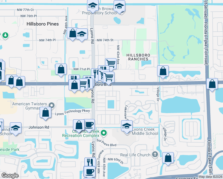 map of restaurants, bars, coffee shops, grocery stores, and more near 4499 West Hillsboro Boulevard in Coconut Creek