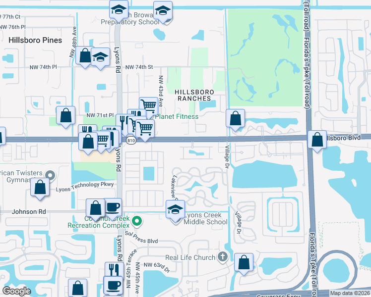 map of restaurants, bars, coffee shops, grocery stores, and more near in Coconut Creek
