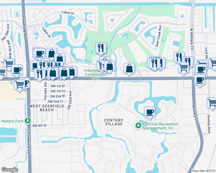 map of restaurants, bars, coffee shops, grocery stores, and more near 1024 Ellesmere B in Deerfield Beach