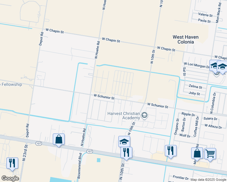 map of restaurants, bars, coffee shops, grocery stores, and more near 4625 West Schunior Street in Edinburg