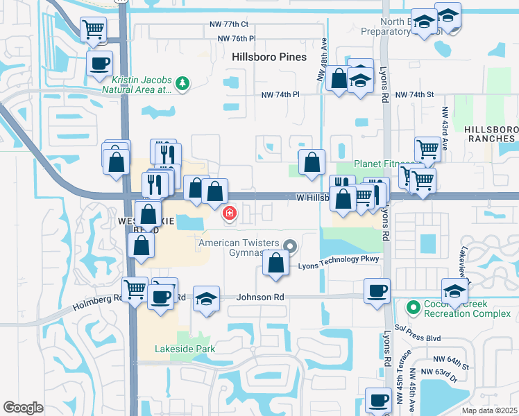 map of restaurants, bars, coffee shops, grocery stores, and more near 6917 Pines Circle in Coconut Creek