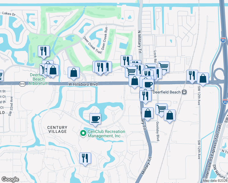 map of restaurants, bars, coffee shops, grocery stores, and more near 25 Westbury Circle in Deerfield Beach