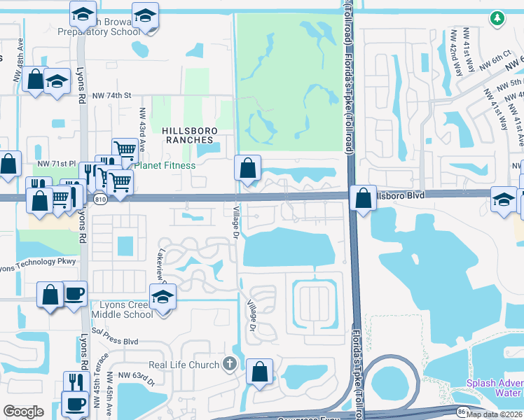 map of restaurants, bars, coffee shops, grocery stores, and more near 6943 Julia Gardens Drive in Coconut Creek