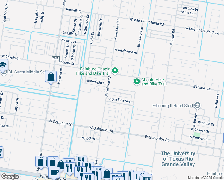 map of restaurants, bars, coffee shops, grocery stores, and more near 2206 Moonlight Lane in Edinburg