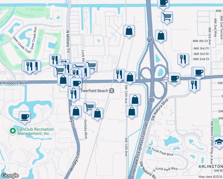 map of restaurants, bars, coffee shops, grocery stores, and more near 1300 West Hillsboro Boulevard in Deerfield Beach