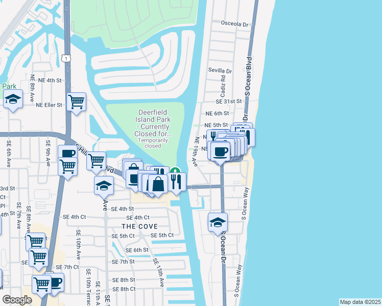 map of restaurants, bars, coffee shops, grocery stores, and more near 333 Northeast 19th Avenue in Deerfield Beach