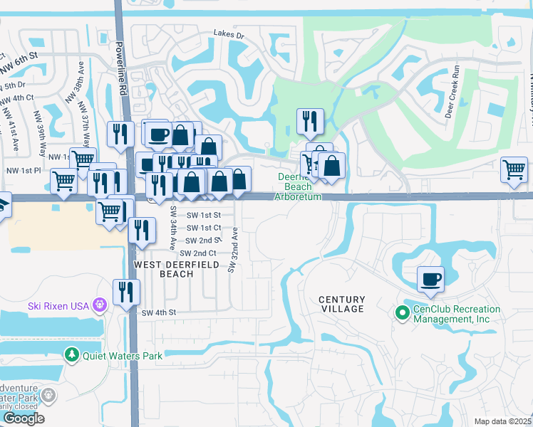 map of restaurants, bars, coffee shops, grocery stores, and more near 40 Ventnor Drive in Deerfield Beach