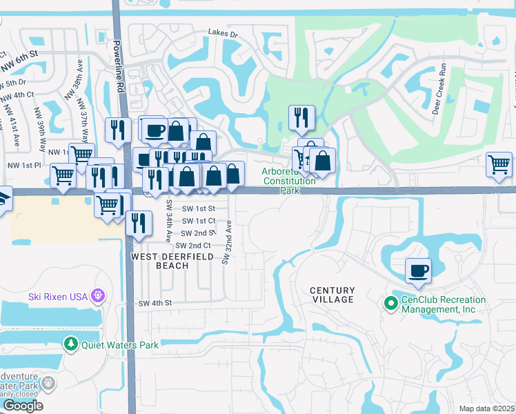 map of restaurants, bars, coffee shops, grocery stores, and more near 40 Ventnor Drive in Deerfield Beach
