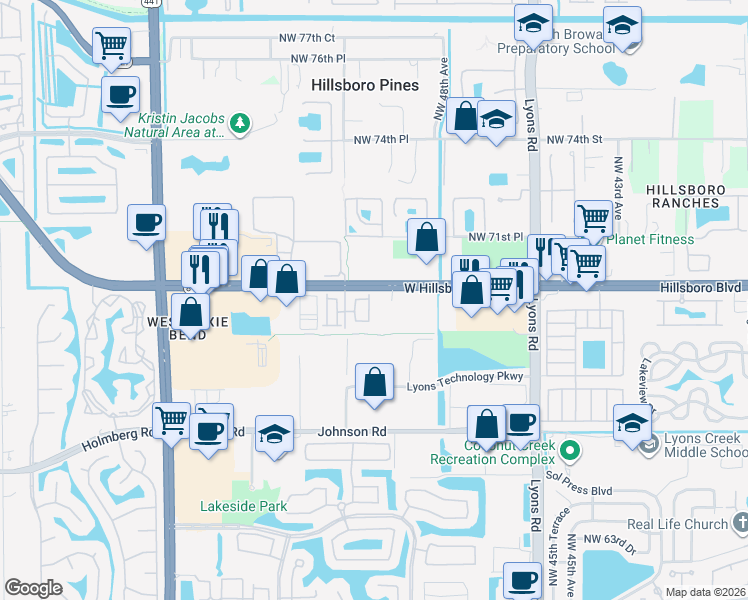 map of restaurants, bars, coffee shops, grocery stores, and more near 4802 West Hillsboro Boulevard in Coconut Creek