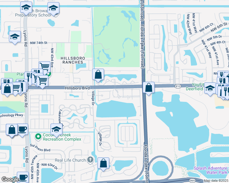 map of restaurants, bars, coffee shops, grocery stores, and more near 3600 West Hillsboro Boulevard in Coconut Creek