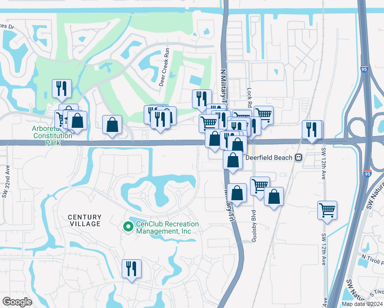 map of restaurants, bars, coffee shops, grocery stores, and more near 25 Westbury Circle in Deerfield Beach