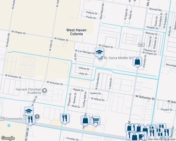 map of restaurants, bars, coffee shops, grocery stores, and more near 1109 Mon Mack Road in Edinburg