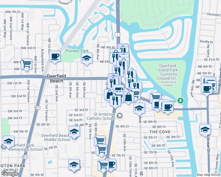 map of restaurants, bars, coffee shops, grocery stores, and more near 21 Southeast 9th Avenue in Deerfield Beach