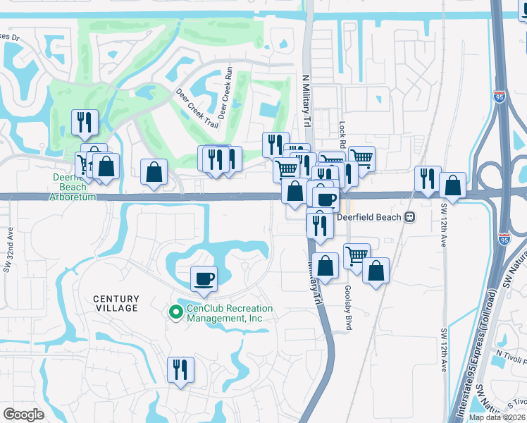 map of restaurants, bars, coffee shops, grocery stores, and more near 25 Westbury Circle in Deerfield Beach