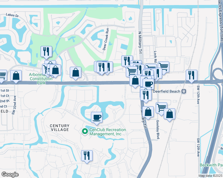 map of restaurants, bars, coffee shops, grocery stores, and more near 51 Westbury Circle in Deerfield Beach