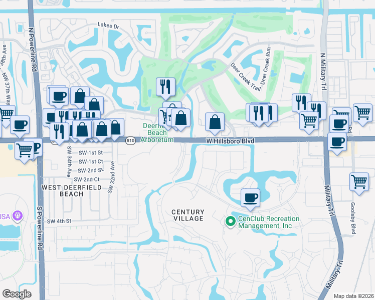 map of restaurants, bars, coffee shops, grocery stores, and more near 1024 Ellesmere B in Deerfield Beach