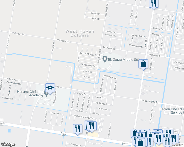 map of restaurants, bars, coffee shops, grocery stores, and more near 1109 Mon Mack Road in Edinburg