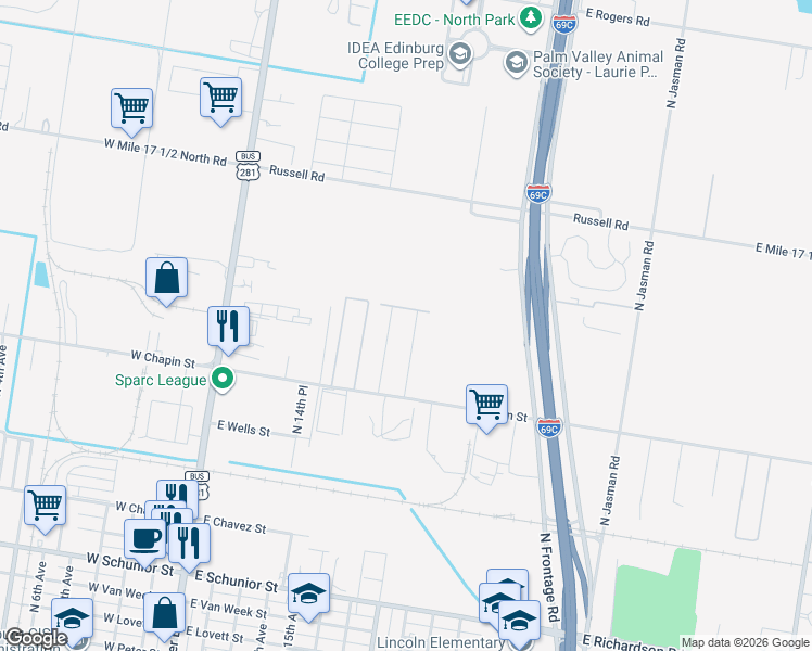 map of restaurants, bars, coffee shops, grocery stores, and more near 1607 Deer Hills in Edinburg