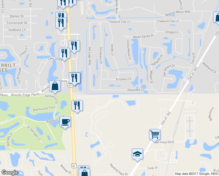 map of restaurants, bars, coffee shops, grocery stores, and more near 9785 Alhambra Lane in Bonita Springs