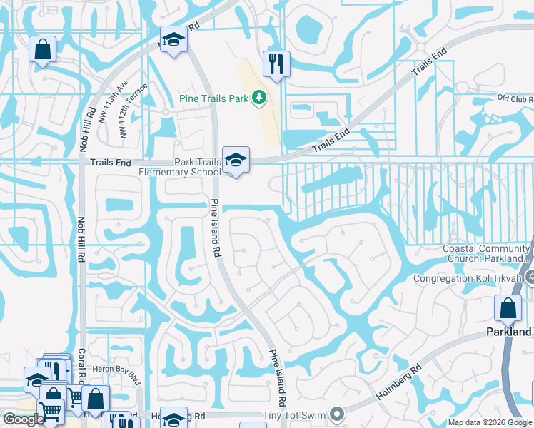 map of restaurants, bars, coffee shops, grocery stores, and more near 6950 Northwest 104th Lane in Parkland