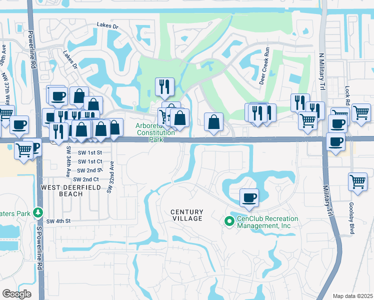 map of restaurants, bars, coffee shops, grocery stores, and more near 1024 Ellesmere B in Deerfield Beach