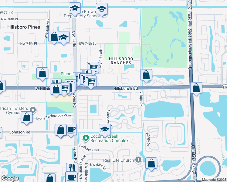 map of restaurants, bars, coffee shops, grocery stores, and more near in Coconut Creek