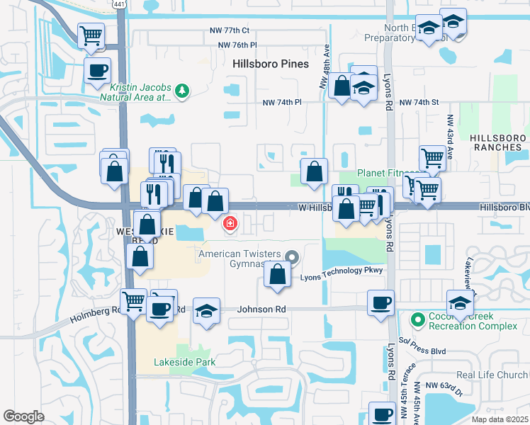 map of restaurants, bars, coffee shops, grocery stores, and more near 6917 Pines Circle in Coconut Creek