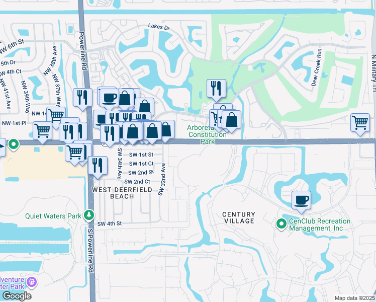map of restaurants, bars, coffee shops, grocery stores, and more near 40 Ventnor Drive in Deerfield Beach