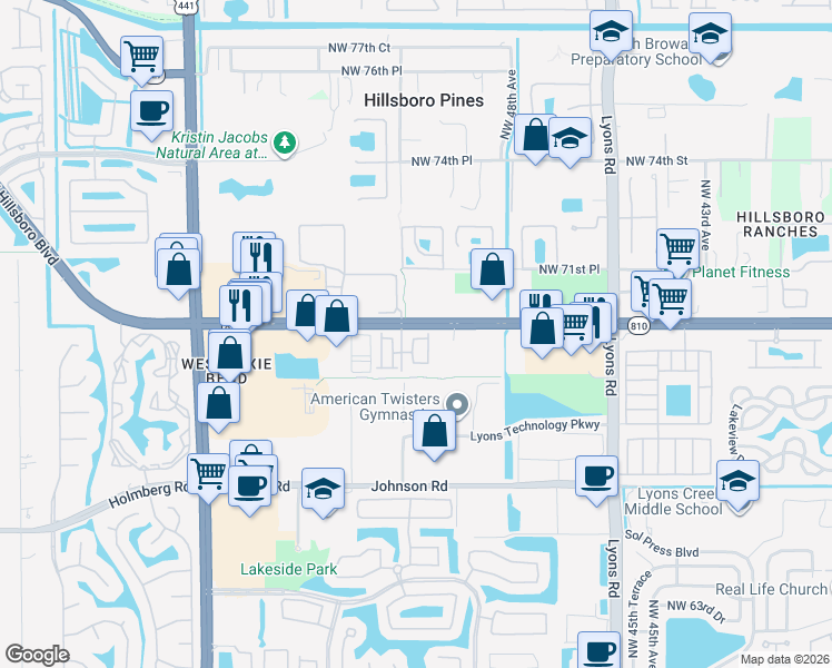 map of restaurants, bars, coffee shops, grocery stores, and more near 6917 Pines Circle in Coconut Creek