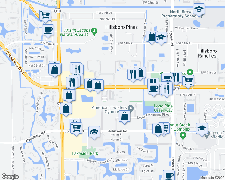 map of restaurants, bars, coffee shops, grocery stores, and more near 6917 Pines Circle in Coconut Creek