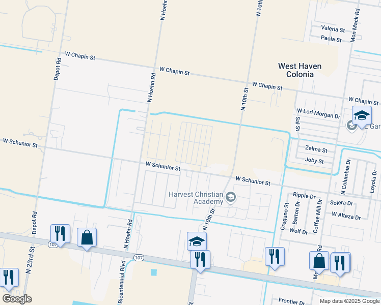 map of restaurants, bars, coffee shops, grocery stores, and more near 4622 West Schunior Street in Edinburg