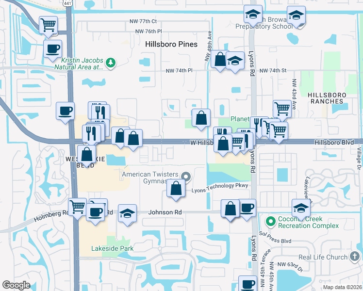 map of restaurants, bars, coffee shops, grocery stores, and more near 4802 West Hillsboro Boulevard in Coconut Creek