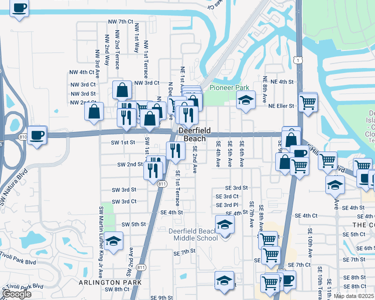 map of restaurants, bars, coffee shops, grocery stores, and more near 77 Southeast 2nd Avenue in Deerfield Beach