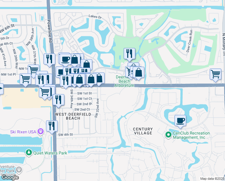 map of restaurants, bars, coffee shops, grocery stores, and more near 40 Ventnor Drive in Deerfield Beach