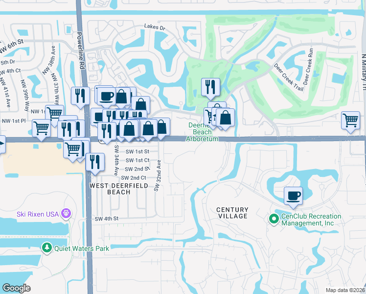 map of restaurants, bars, coffee shops, grocery stores, and more near 40 Ventnor Drive in Deerfield Beach