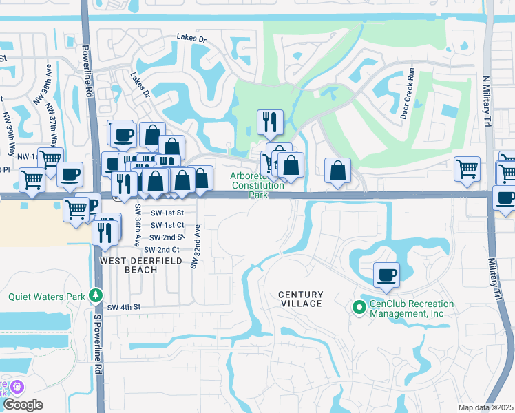 map of restaurants, bars, coffee shops, grocery stores, and more near 3036 Ventnor Crescent in Deerfield Beach