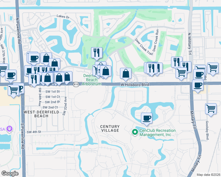 map of restaurants, bars, coffee shops, grocery stores, and more near 1024 Ellesmere B in Deerfield Beach