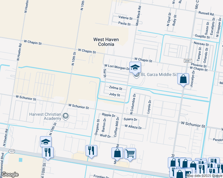 map of restaurants, bars, coffee shops, grocery stores, and more near 3707 Zelma Street in Edinburg