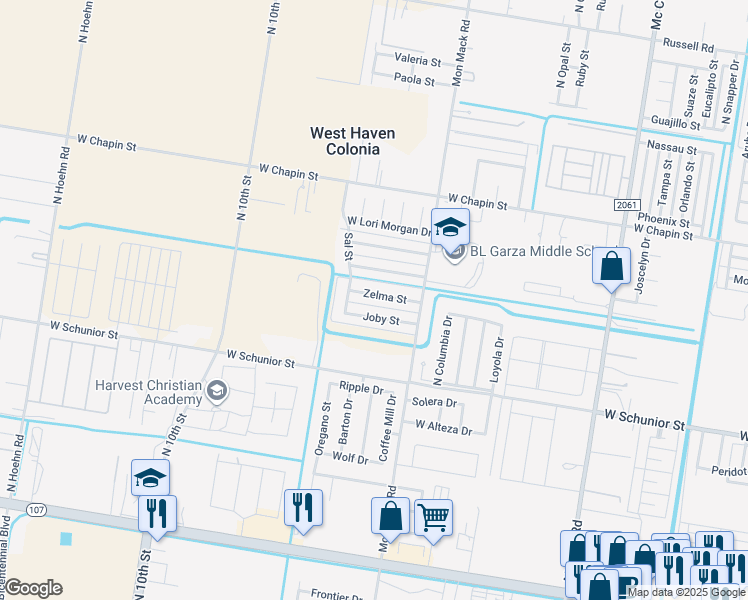 map of restaurants, bars, coffee shops, grocery stores, and more near 3714 Zelma Street in Edinburg