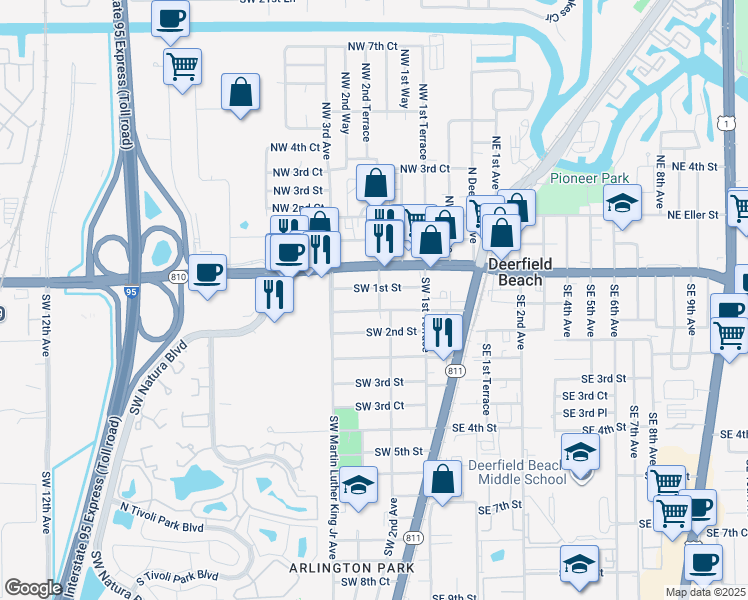 map of restaurants, bars, coffee shops, grocery stores, and more near 260 Southwest 1st Street in Deerfield Beach
