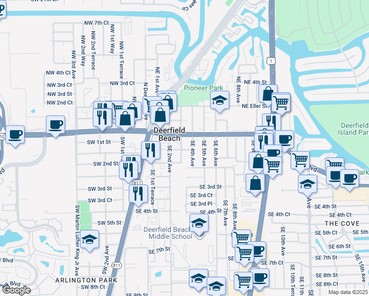 map of restaurants, bars, coffee shops, grocery stores, and more near 86 Southeast 3rd Avenue in Deerfield Beach